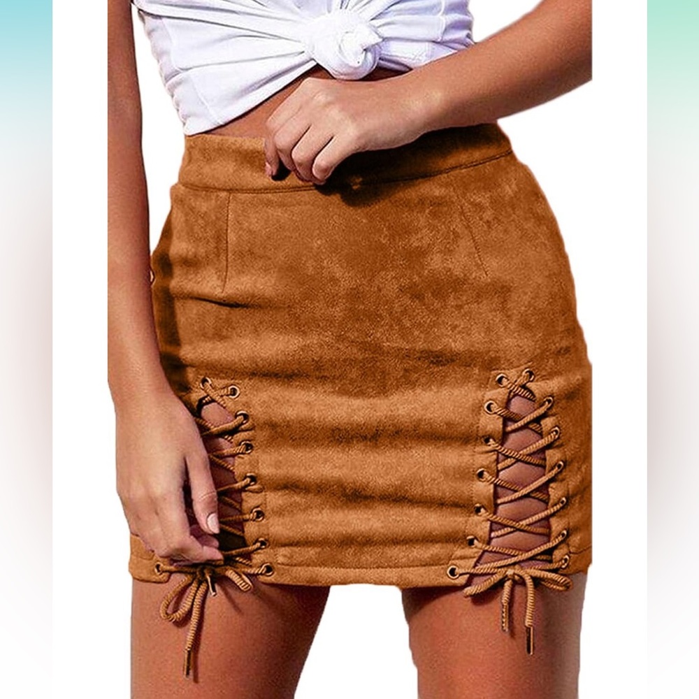 Meyeeka Womens Sexy High Waist Lace Up Bodycon Faux Suede Split Tight Mini Skirt